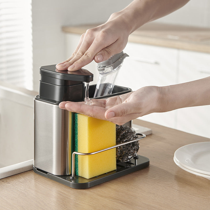 Distributeur de Savon Cuisine 2-en-1 — Pompe & Rangement, Inox + ABS | Compatible Savon, Vaisselle & Lotion