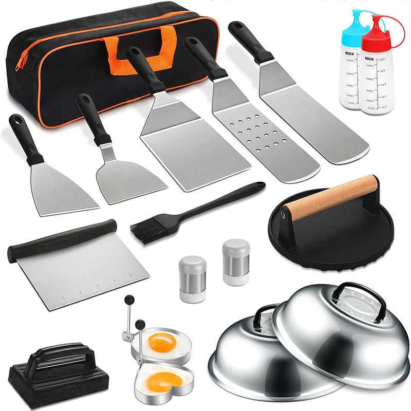 Kit BBQ Plancha Inox — Spatules, Presse-Burger, Dôme & Accessoires | Sac de Transport Inclus