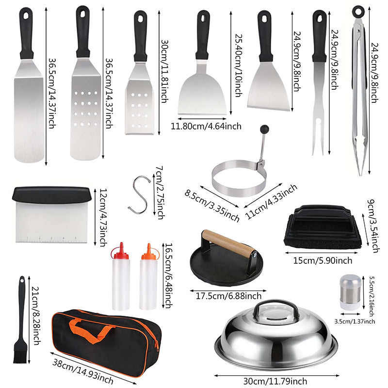Kit BBQ Plancha Inox — Spatules, Presse-Burger, Dôme & Accessoires | Sac de Transport Inclus