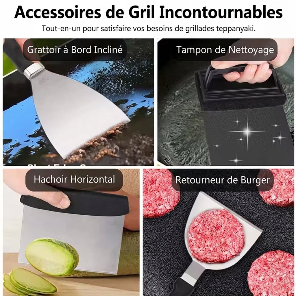 Kit BBQ Plancha Inox — Spatules, Presse-Burger, Dôme & Accessoires | Sac de Transport Inclus