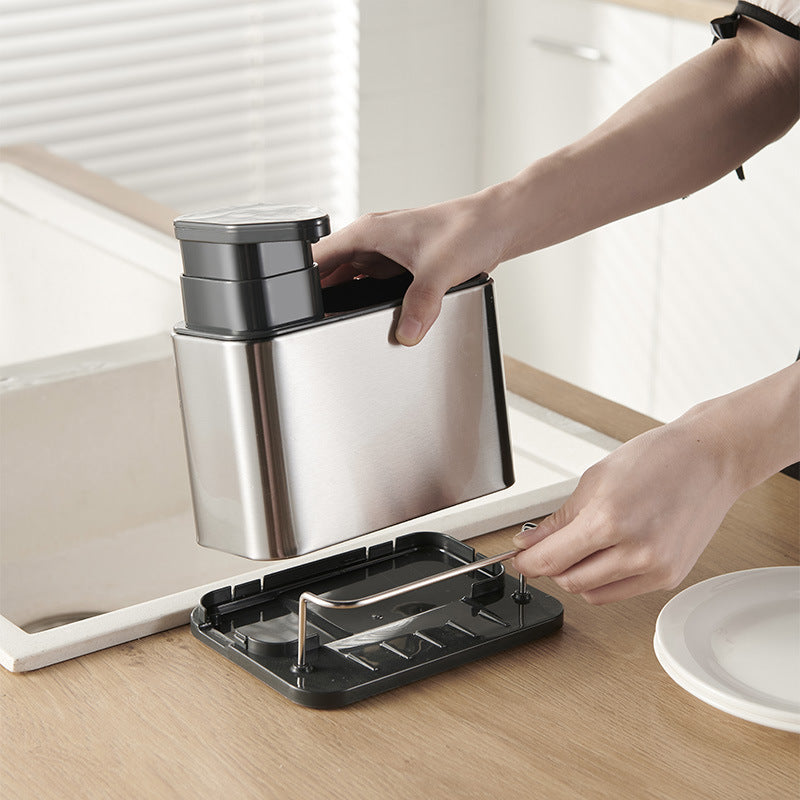 Distributeur de Savon Cuisine 2-en-1 — Pompe & Rangement, Inox + ABS | Compatible Savon, Vaisselle & Lotion